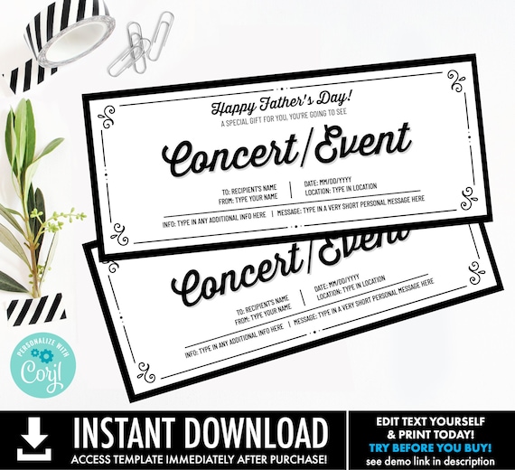 Father's Day Concert/Event, Gift for Dad,Surprise Gift Reveal,Gift Certificate,Voucher | Personalize using CORJL–INSTANT DOWNLOAD Printable