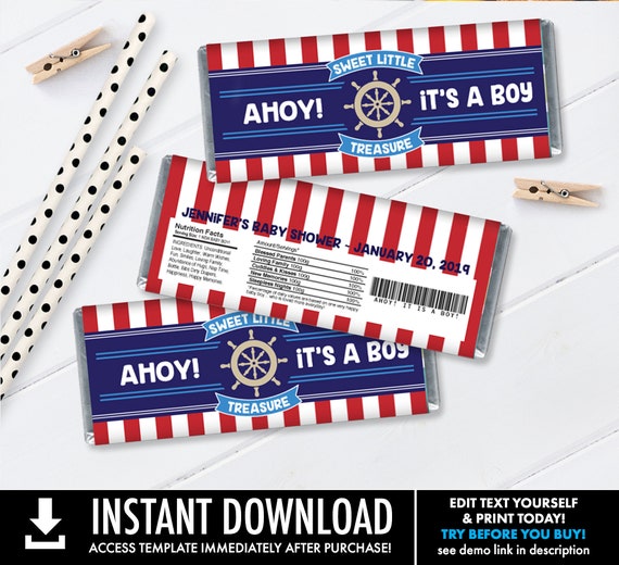 Nautical Candy Bar Wrapper, Nautical Favor,Chocolate Bar Labels, Nautical Baby Shower | Self-Editing with CORJL - INSTANT Download Printable