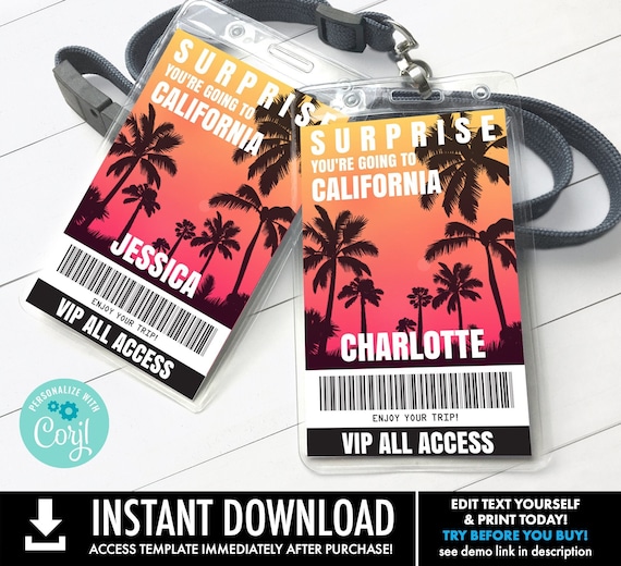 Surprise Travel VIP Badge - Travel All Access Pass,Airplane Badge,Surprise Trip | Self-Edit with CORJL - INSTANT Download Printable Template