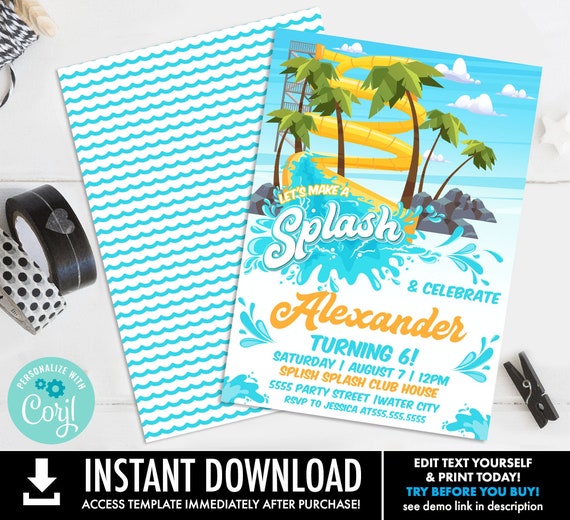 Waterslide Party Invitation - Waterpark Invite, Water Park Party, Pool Party | Self-Edit with CORJL-INSTANT DOWNLOAD Printable Template