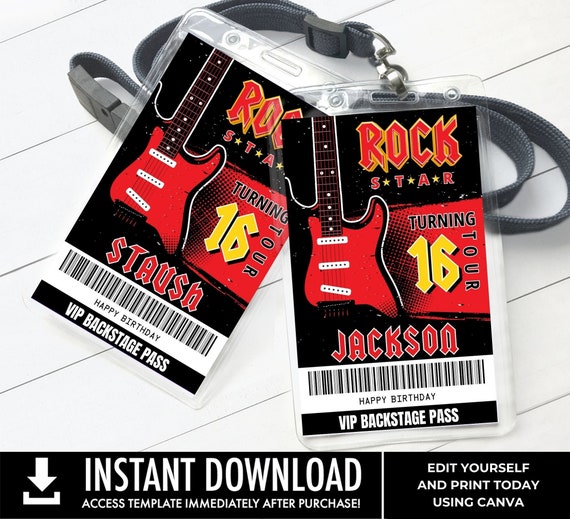 Rockstar Party VIP Badge, Party like a Rockstar, Rock n Roll, Backstage Pass | Edit with CANVA - INSTANT Download Printable Template