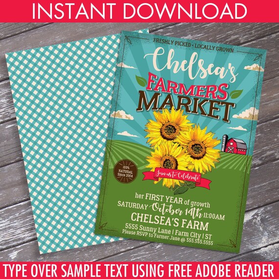 Farmers Market Party Invitation - Farmers Market Party, Sunflowers | Self-Edit Text INSTANT Download Printable Template Il_570xn