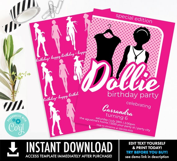 Barb Doll Themed Birthday Hot Pink Invitation, Dollie Party Invite, Pink Doll Birthday Invite | You Personalize using Corjl–INSTANT Download