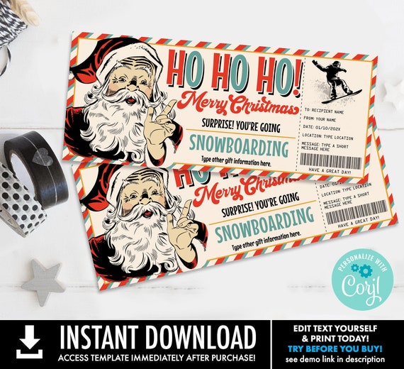 Christmas Snowboard Trip Gift Certificate, Lift Ticket Gift Voucher,Retro Santa, Ho Ho Ho! | Self-Edit with CORJL-INSTANT DOWNLOAD Printable