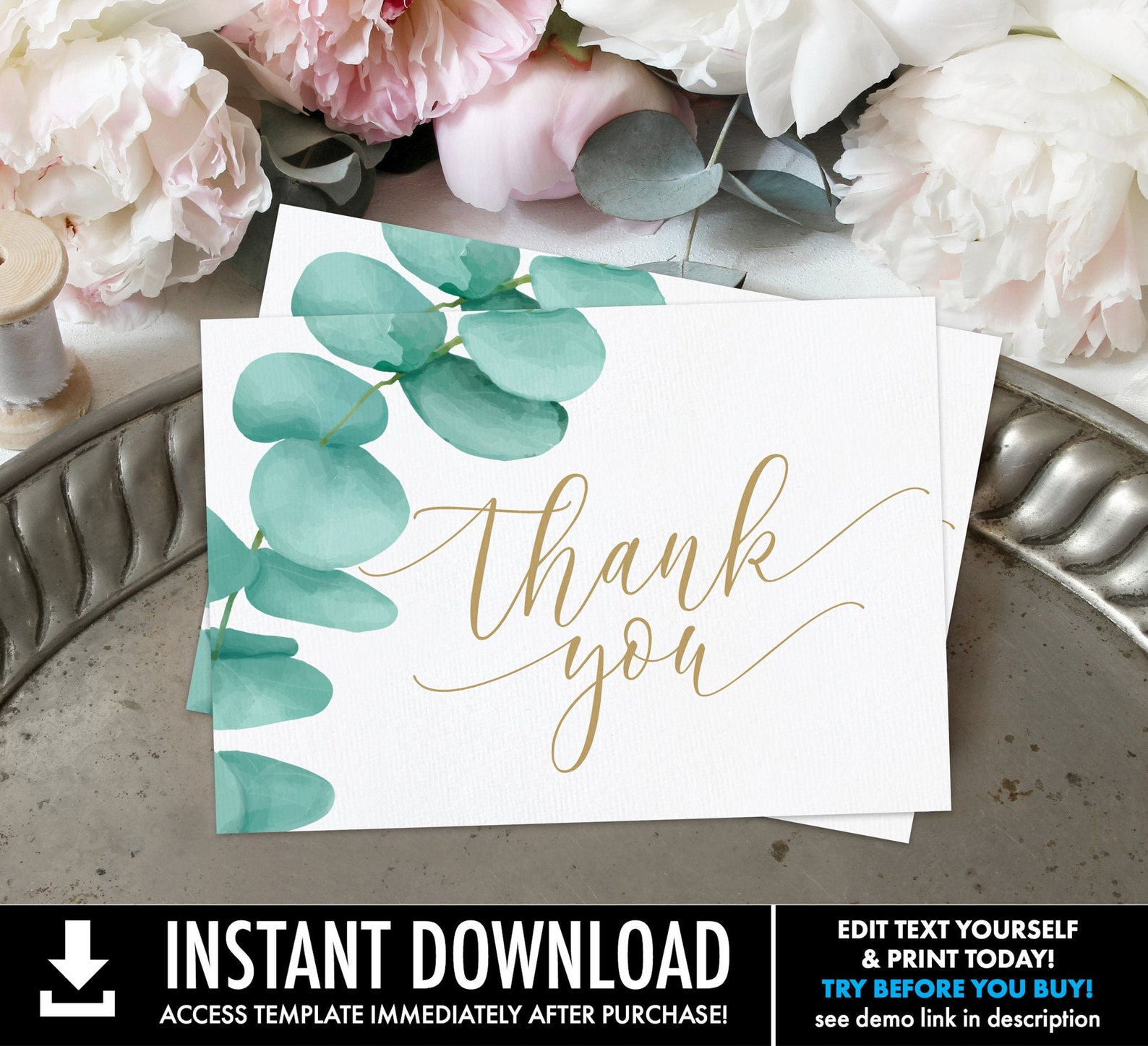 Eucalyptus Wedding Thank You Card Template Greenery Folded Etsy