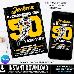 50th Football Party Invitation - Crossing the 50 Yard Line, 50th Birthday, 40th, 30th, Tailgate Invite | Edit with CANVA - INSTANT DOWNLOAD