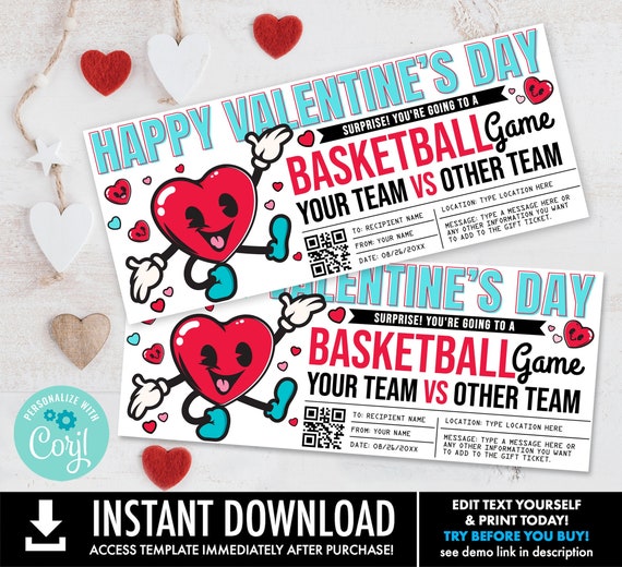Valentine Basketball Ticket, Surprise Valentine Basketball Game Ticket, Gift Certificate | Self-Edit with CORJL-INSTANT DOWNLOAD Printable