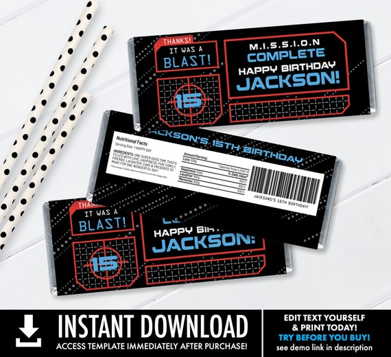 Laser Tag Candy Bar Label - Party Favor Candy Label/ Wrapper, Laser Tag Birthday | Self-Edit with CORJL - INSTANT DOWNLOAD Printable Il_570xn