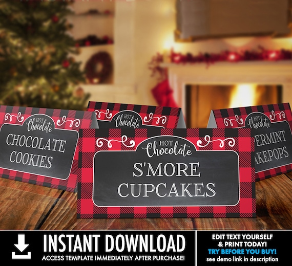 Hot Chocolate Party Food Label, Hot Cocoa Party, Holiday Winter Party, Table Tents  | Self-Edit with CORJL Instant DOWNLOAD Printable