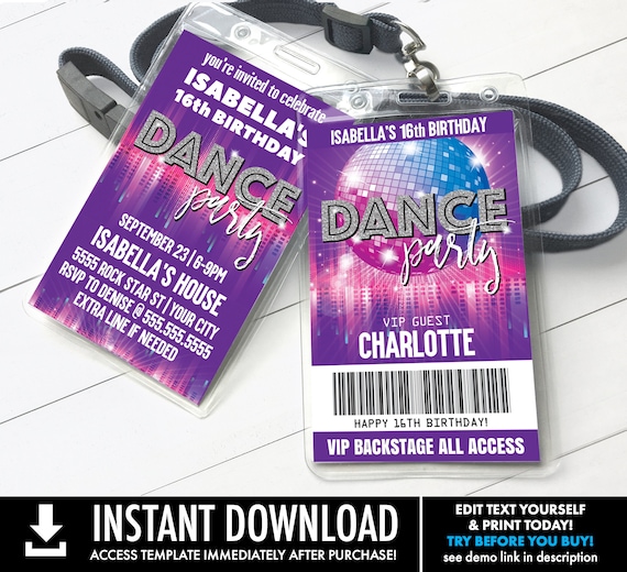 Dance Party VIP Badge Invitation, Disco Dance Party,Rock n Roll Party,All Access Pass | Self-Editing with CORJL - INSTANT Download Printable Il_570xn