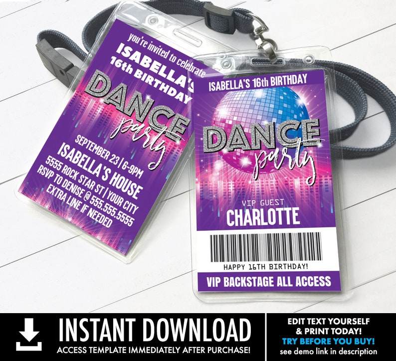 Dance Party VIP Badge Invitation, Disco Dance Party,Rock n Roll Party,All Access Pass Self-Editing with CORJL INSTANT Download Printable image 1