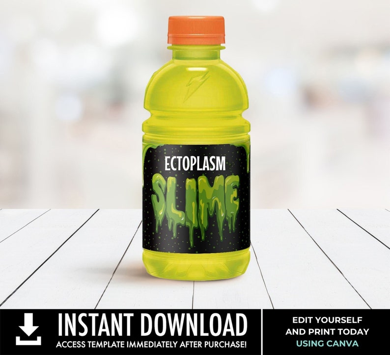 Slime Ectoplasma Party Bottle Wrappers Slime,Sports Drink, ghost-busters inspired Label Edit with CANVA INSTANT Download Printable image 1