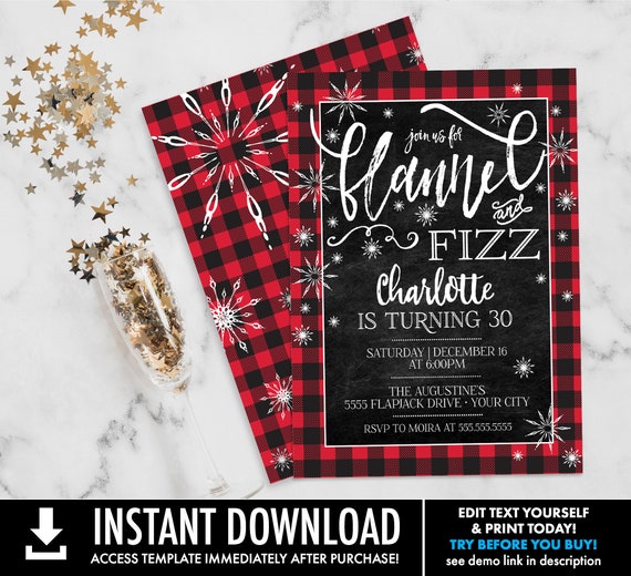 Flannel & Fizz Birthday Invitation - Buffalo Plaid Birthday, Winter, Snowflakes | Self-Edit with CORJL - INSTANT DOWNLOAD Printable