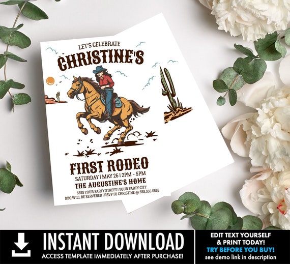 My First Rodeo Party Invitation, Western Cowgirl Rodeo Birthday Party Invite | Personalize using CORJL - INSTANT DOWNLOAD Printable Template