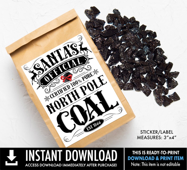 Christmas Coal Sticker/Label, Santa's North Pole Coal, Santa's Naughty List,Stocking Stuffer Ready-To-Print INSTANT Download PDF Printable image 3