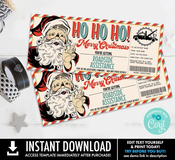 Christmas Roadside Assistance Gift Certificate, Towing Service Gift Voucher,Retro Santa | Self-Edit with CORJL-INSTANT DOWNLOAD Printable