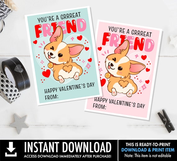 Printable Dog Valentine's Day Cards, You're a Great Friend, Kid School Classroom, Dog Valentine Gift Tag, Exchange Valentine's Day Card/Tag