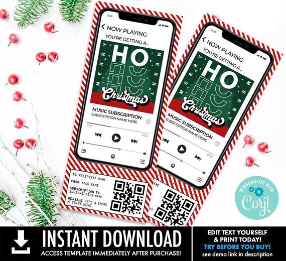 Music Subscription Gift Certificate, Music Gift Voucher, Christmas Gift, Music Streaming | Self-Edit with CORJL-INSTANT DOWNLOAD Printable