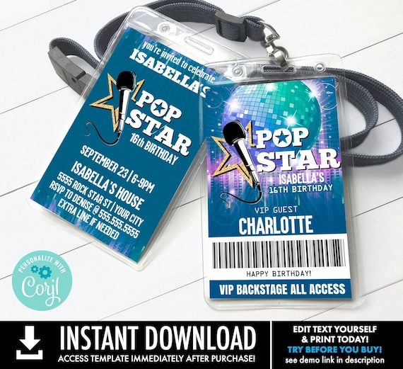 Pop Star Party VIP Badge Invitation, Party like a Rock Star, Rock n Roll | You Personalize using CORJL -INSTANT Download Printable Template