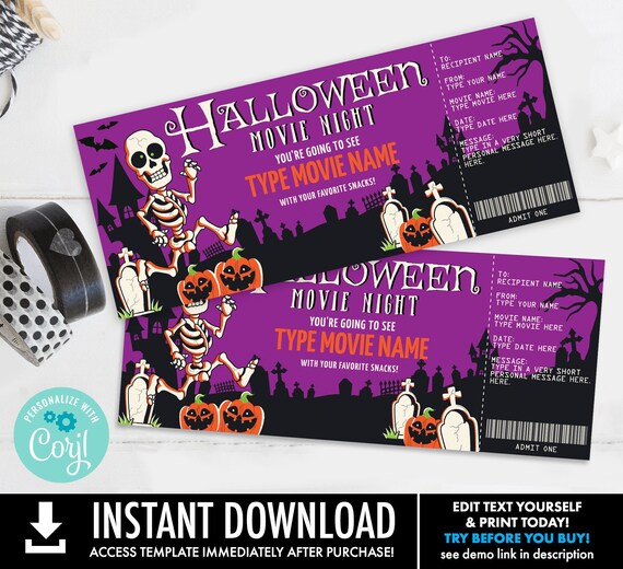 Halloween Movie Night Ticket, Gift Certificate, Movie Ticket, Surprise Ticket | Self-Edit with CORJL - INSTANT DOWNLOAD Printable