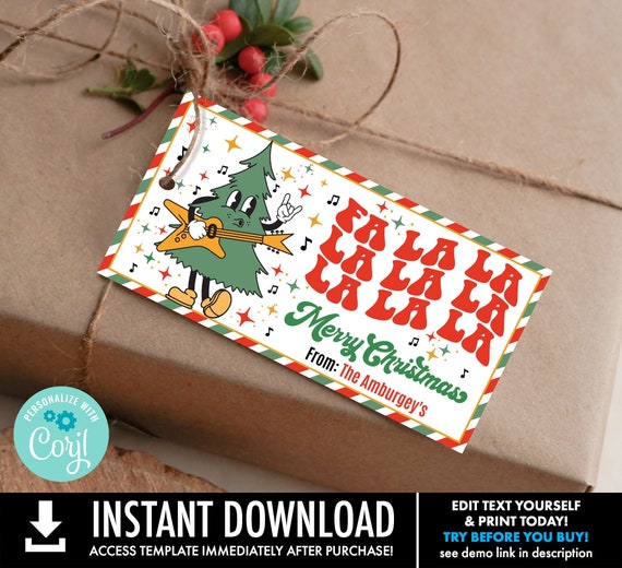 Fa La La La Gift Tag, Retro Christmas Tag, Holiday Gift Tag, Retro Christmas Tree Tag | Self-Edit with CORJL-INSTANT Download Printable