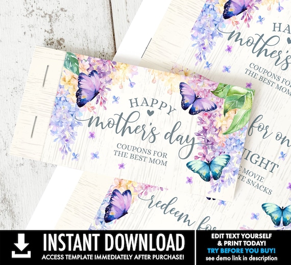 Mother's Day Coupon Book ButterflyPrintable Personalized