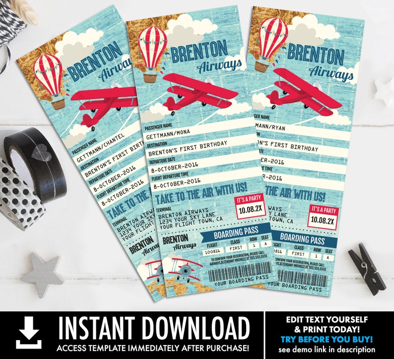 May include: A printable airplane ticket invitation for a child's first birthday party. The ticket features a red airplane and a hot air balloon against a blue sky background. The text on the ticket reads "Brenton Airways" and includes details such as the passenger name, destination, departure date, and flight departure time. The ticket also includes a boarding pass with a seat number and flight information.