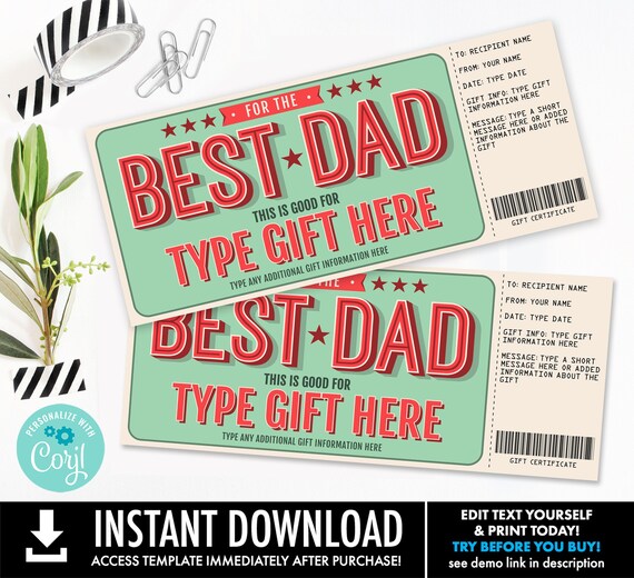 Father's Day Certificate, Best Dad Surprise Gift, Type Any Gift | Personalize using CORJL-INSTANT DOWNLOAD Printable