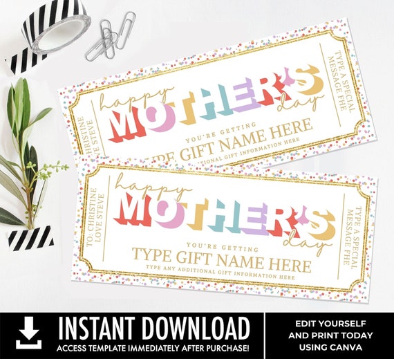 Mother's Day Editable Golden Ticket Template, Any Type Gift Certificate, Surprise Gift Voucher Coupon | Edit with CANVA-Printable Download