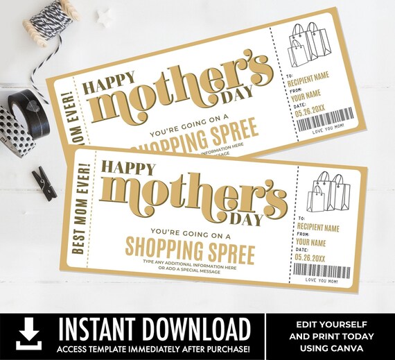 Mother's Day Shopping Spree Template, Day Out Shopping Certificate, Surprise Gift Voucher Coupon | Edit with CANVA-Printable Download
