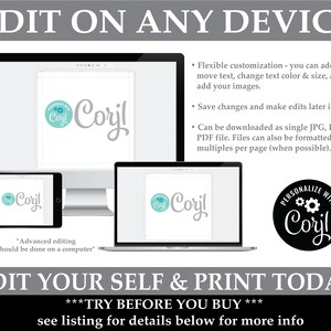 Op de afbeelding: Een digitale productmockup die een aanpasbare sjabloon toont met de tekst "Coryl" in tealblauw. De sjabloon kan op elk apparaat worden bewerkt en gedownload als een JPG-, PNG- of PDF-bestand. De tekst "Bewerk op elk apparaat" en "Bewerk zelf en print vandaag" is ook zichtbaar in de afbeelding.