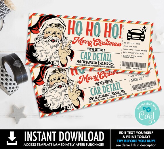 Christmas Car Detail Gift Certificate,Car Detailing Surprise Gift Voucher,Merry & Bright | Self-Edit with CORJL - INSTANT DOWNLOAD Printable