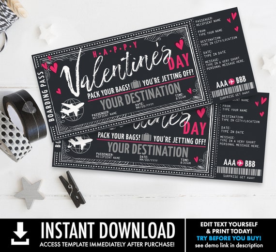 Valentine Boarding Pass - Surprise Ticket,Gift Certificate,Surprise Trip,Fake Ticket | Self-Edit with CORJL - INSTANT DOWNLOAD Printable Il_570xn