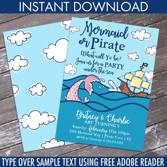 Mermaid & Pirate Birthday Invitation - Sibling Invitation, Pirate and Mermaid | Self-Edit Text INSTANT DOWNLOAD Printable Template Il_570xn