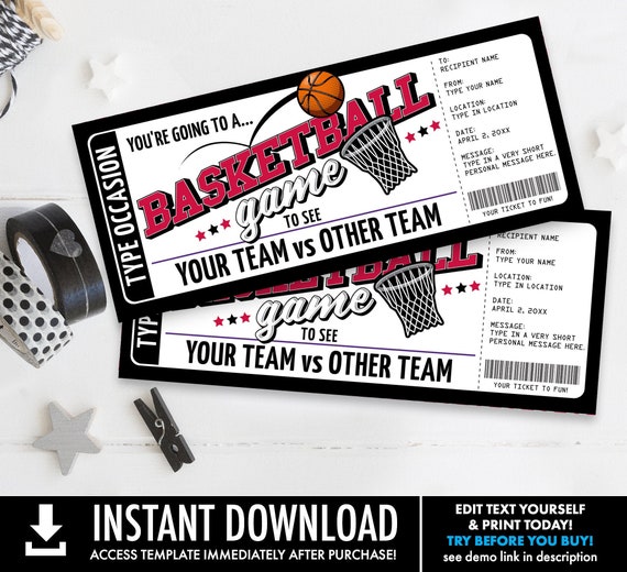 Basketball Ticket Gift Editable Template,Surprise Basketball Game Ticket,Any Occasion | Personalize using CORJL–INSTANT DOWNLOAD Printable