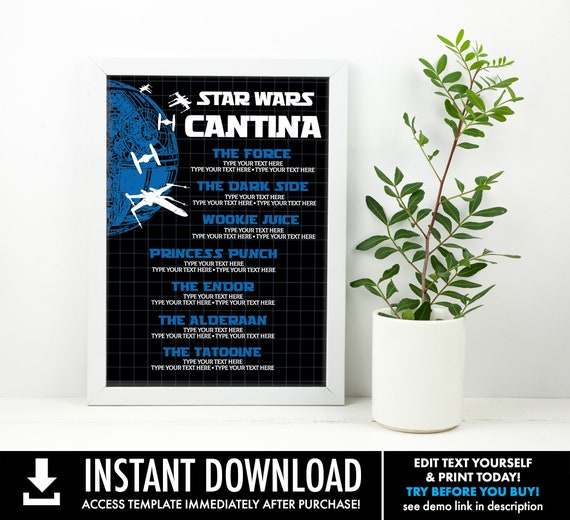 Star Wars Drink Menu - Star Wars Birthday Party, Star Wars Party, Tie-Fighter Blue | Self Edit Text - Instant Download Printable Template Il_570xn