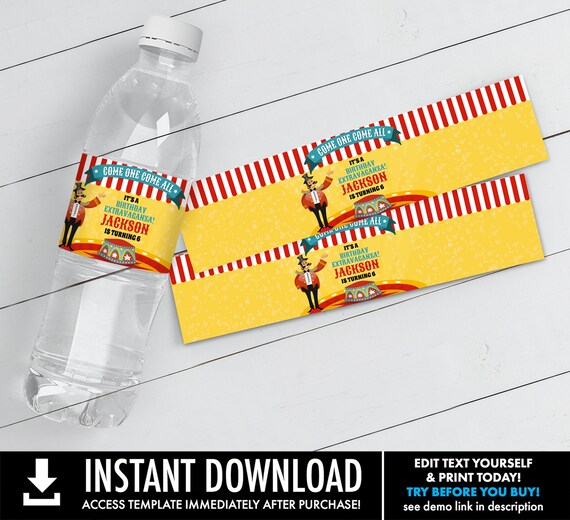 Carnival Circus Water Bottle Label, Carnival Party, Circus Party, Drink Label | Edit using CORJL - INSTANT Download Printable Template