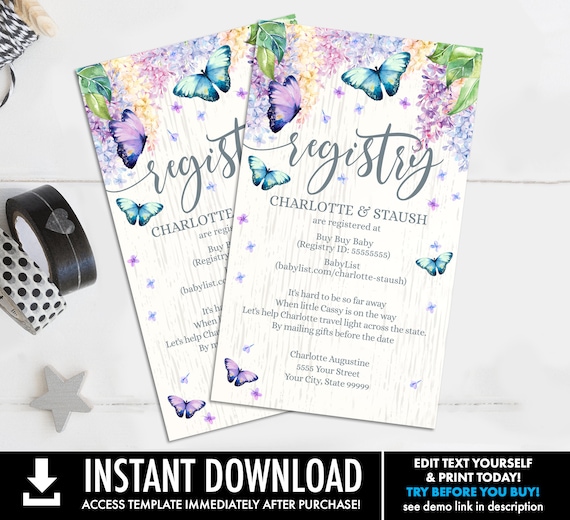 Registry Insert Card Butterfly Baby Shower, Spring, Garden Shower, Flower & Butterflies | Self-Edit with CORJL - INSTANT DOWNLOAD Printable