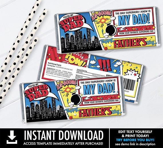 Father's Day Superhero Candy Bar Wrappers - Superdad, SuperheroChocolate Labels | Self-Edit with CORJL - INSTANT DOWNLOAD Printable