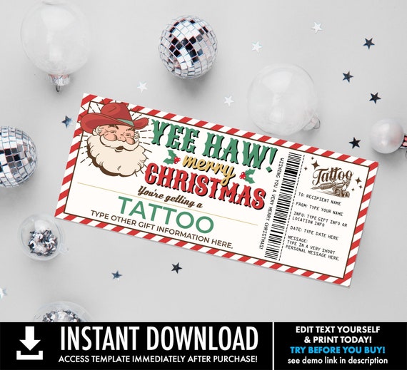 Tattoo Christmas Gift Certificate - Skull Design, Get Inked Gift Card Voucher | You Personalize with CORJL - INSTANT DOWNLOAD Printable