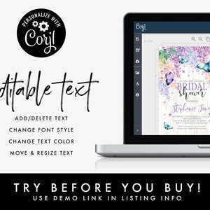 May include: A digital mockup of a customizable bridal shower invitation with a watercolor floral design featuring butterflies and a woodgrain background. The text on the invitation reads "Please join us for a bridal shower honoring Stephanie Jones".