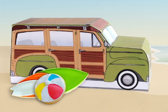 Green Retro Woodie Surfer Wagon Box - great as cupcake box, gift box or favor box - INSTANT Download DIY Printable PDF Kit