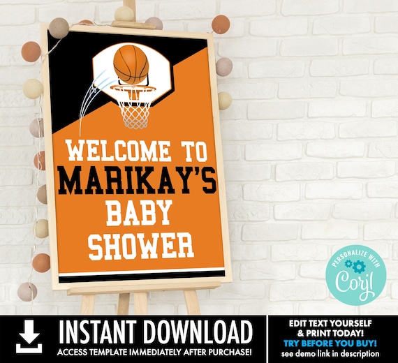 Basketball Baby Shower 18x24 Welcome Sign - Basketball Party, Basketball Shower Sign | Self-Editing with CORJL - INSTANT DOWNLOAD Printable