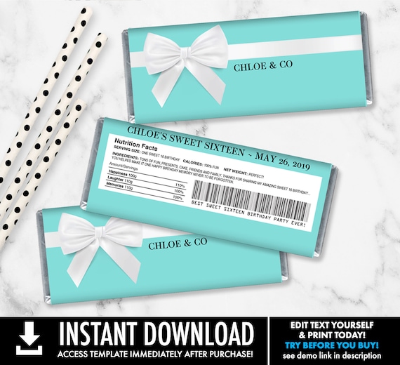 Sweet Sixteen Candy Bar Label/Wrapper - Sweet 16 Party Favor, Turquoise Favor | Self-Editing with CORJL - INSTANT DOWNLOAD Printable