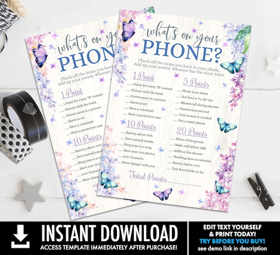 What's On Your Phone Bridal Shower Game, Butterfly Bridal Shower Game,Butterfly & Flowers | Self-Edit with CORJL - INSTANT Instant Printable