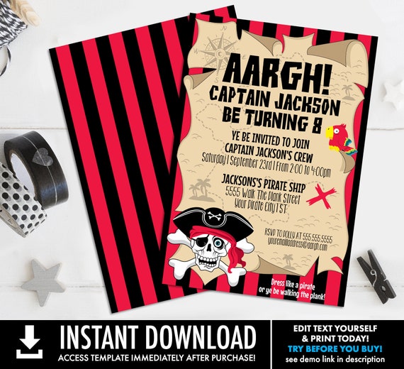 Pirate Invitation - Pirate Birthday Party, Pirate Invite, Aargh Pirate Invite | Self-Edit Text INSTANT Download Printable Template Il_570xn