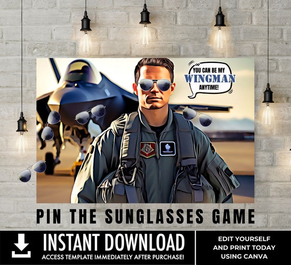 Pin the Sunglasses Game, 36"x24" Fighter Pilot Party Game, Aviator, Air Force Fighter Pilot Birthday | Edit with CANVA–INSTANT DOWNLOAD