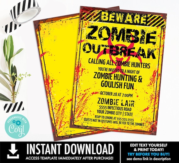 Zombie Party Invitation - Zombie Outbreak Party, Halloween Invite, Costume Party Invite | Self-Edit with CORJL - INSTANT DOWNLOAD Printable