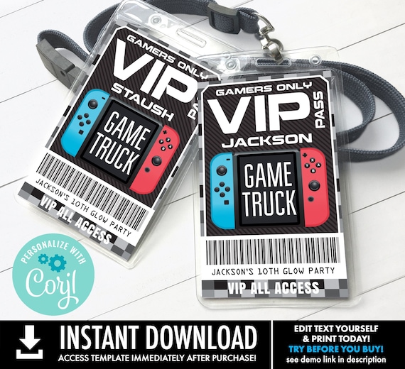 Video Game Badges -VIP Video Game I.D. Badges,Video Game Truck Party,Birthday | Personalize with CORJL - INSTANT Download Printable Template Il_570xn