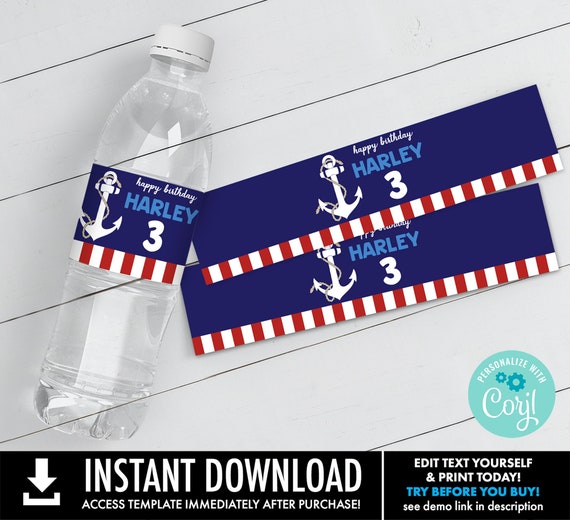 Nautical Water Bottle Label,Nautical Party,1st Birthday,Sailor Party,Nautical Birthday | Personalize using CORJL–INSTANT DOWNLOAD Printable